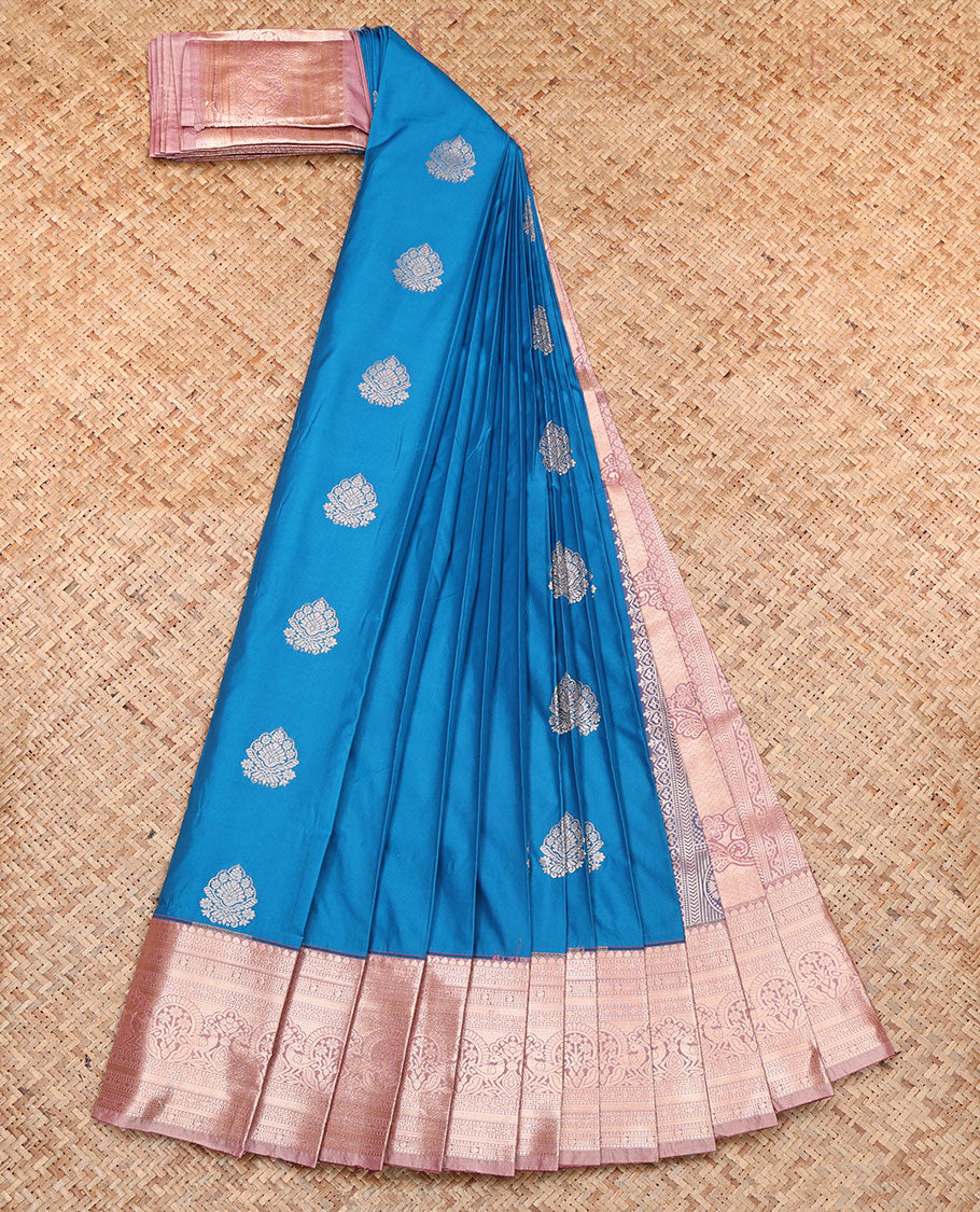 Blue Budget Silk Saree, Accentuated with Zari Buttas, Complemented by a Contrast Traditional Zari Border, Pallu of Intricate Designs, and a Contrast Blouse