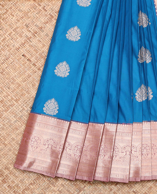 Blue Budget Silk Saree, Accentuated with Zari Buttas, Complemented by a Contrast Traditional Zari Border, Pallu of Intricate Designs, and a Contrast Blouse