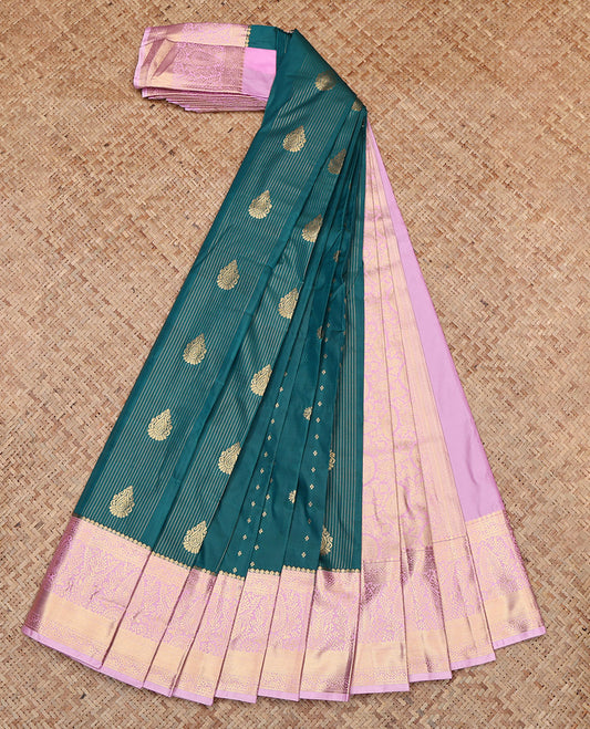 Teal Budget Silk Saree, Delicately Woven with Zari Designs, Contrast Traditional Zari Border, Grand Pallu, and a Contrast Blouse