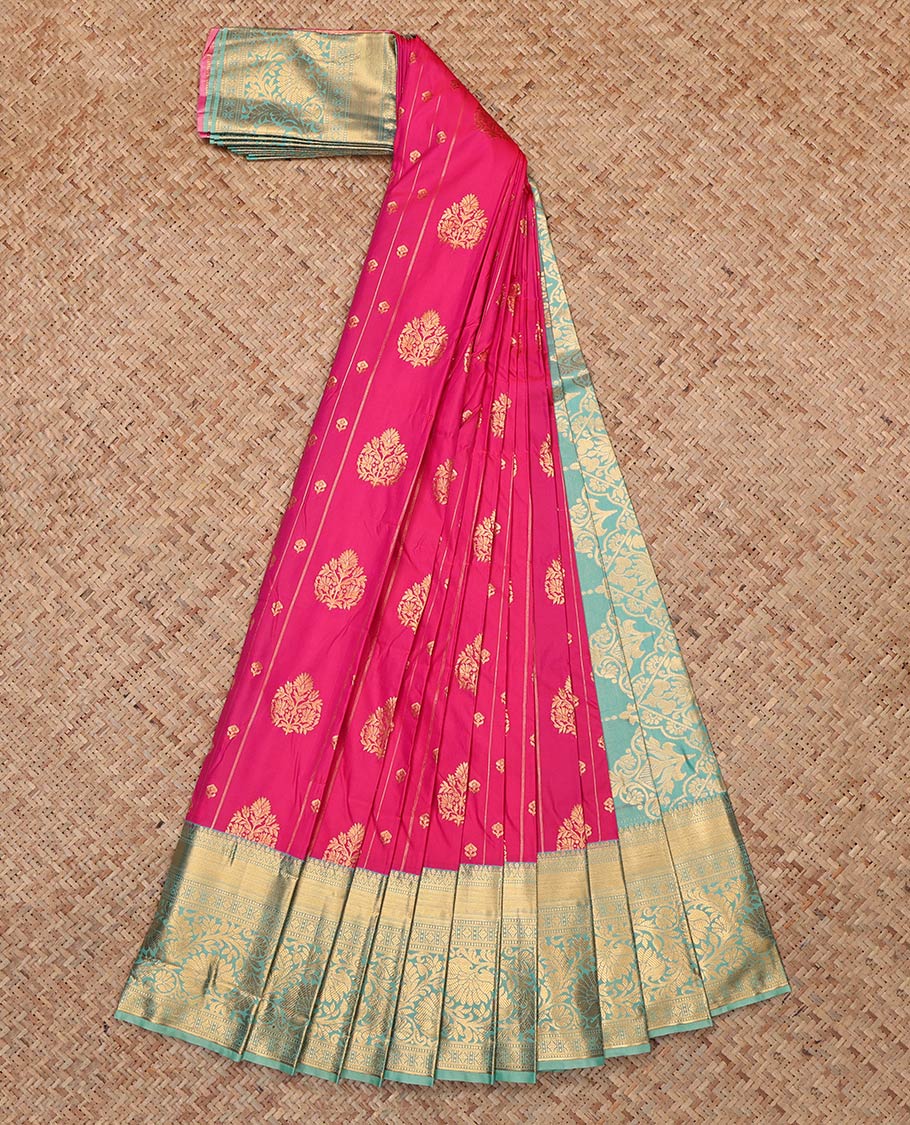 Pink Budget Silk Saree Features Zari Buttas and Stripes, Complemented by Contrast Traditional Zari Border, Grand Pallu and a Contrast Blouse