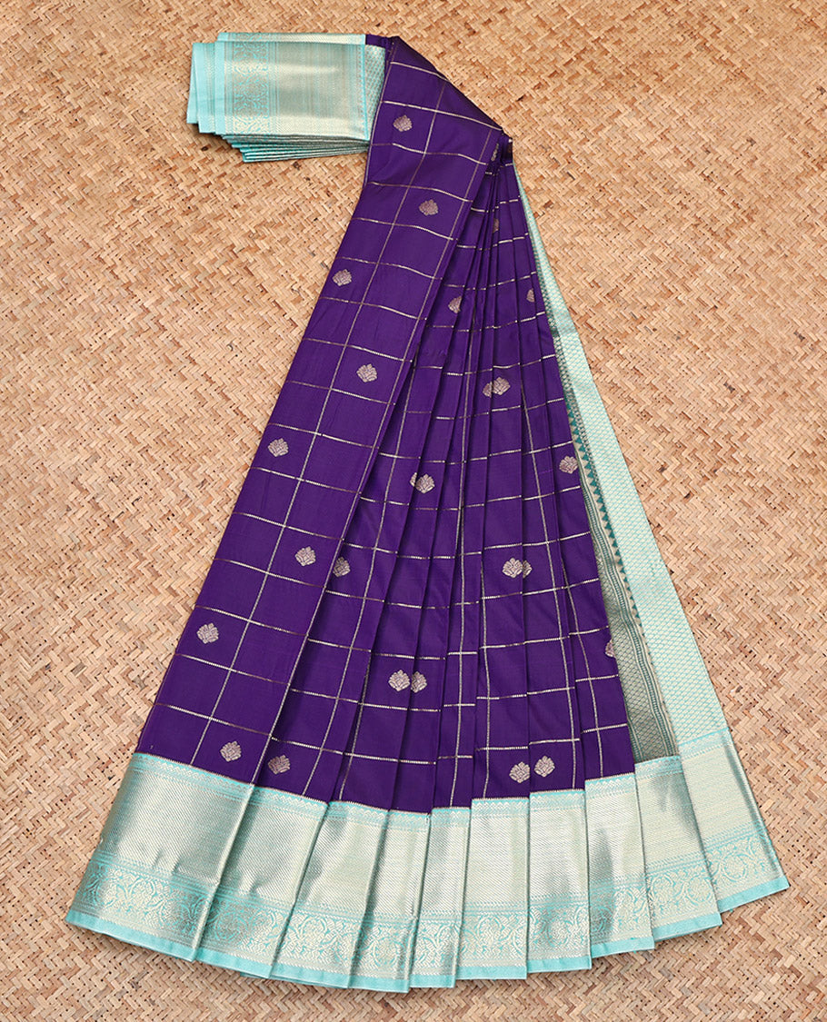 Violet Budget Silk Saree, Woven with Zari Butta Enclosed Checks, Contrast Tradittional Zari Border, Grand Pallu, and a Contrast Blouse