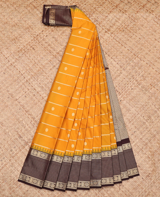 Orange Budget Silk Saree, Enriched with Zari Buttas and Stripes, Complemented by a Contrast Traditional Zari Border, Grand Pallu, and a Contrast Blouse