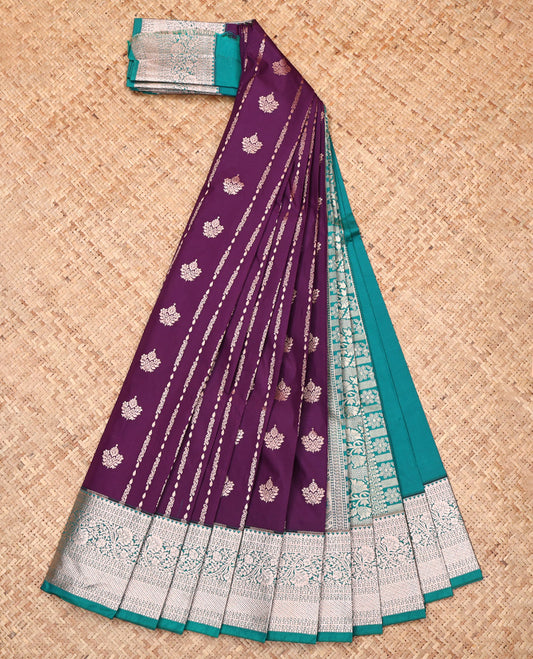Purple Budget Silk Saree, Spotlighted with Zari Buttas, Complemented by a Contrast Traditional Zari Border, Grand Pallu, and a Contrast Blouse
