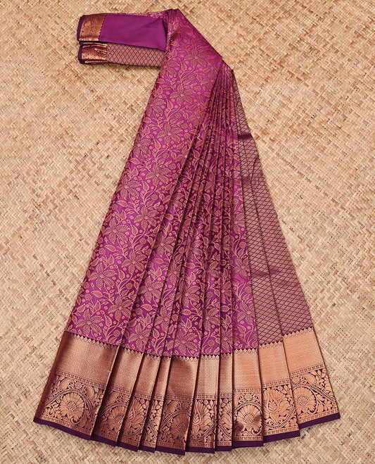 Purple Budget Silk Saree, Opulently Embellished with Jacquard Design, Complemented by a Contrast Traditional Zari Border, Jaal Pallu, and Contrast Blouse