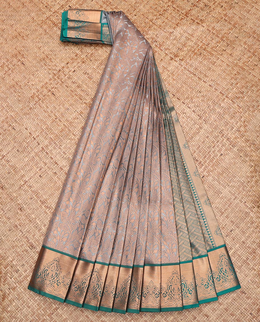 Grey Budget Silk Saree, Detailed with Jacquard Design, Complemented by a Contrast Zari Border, Grand Pallu, and a Contrast Blouse