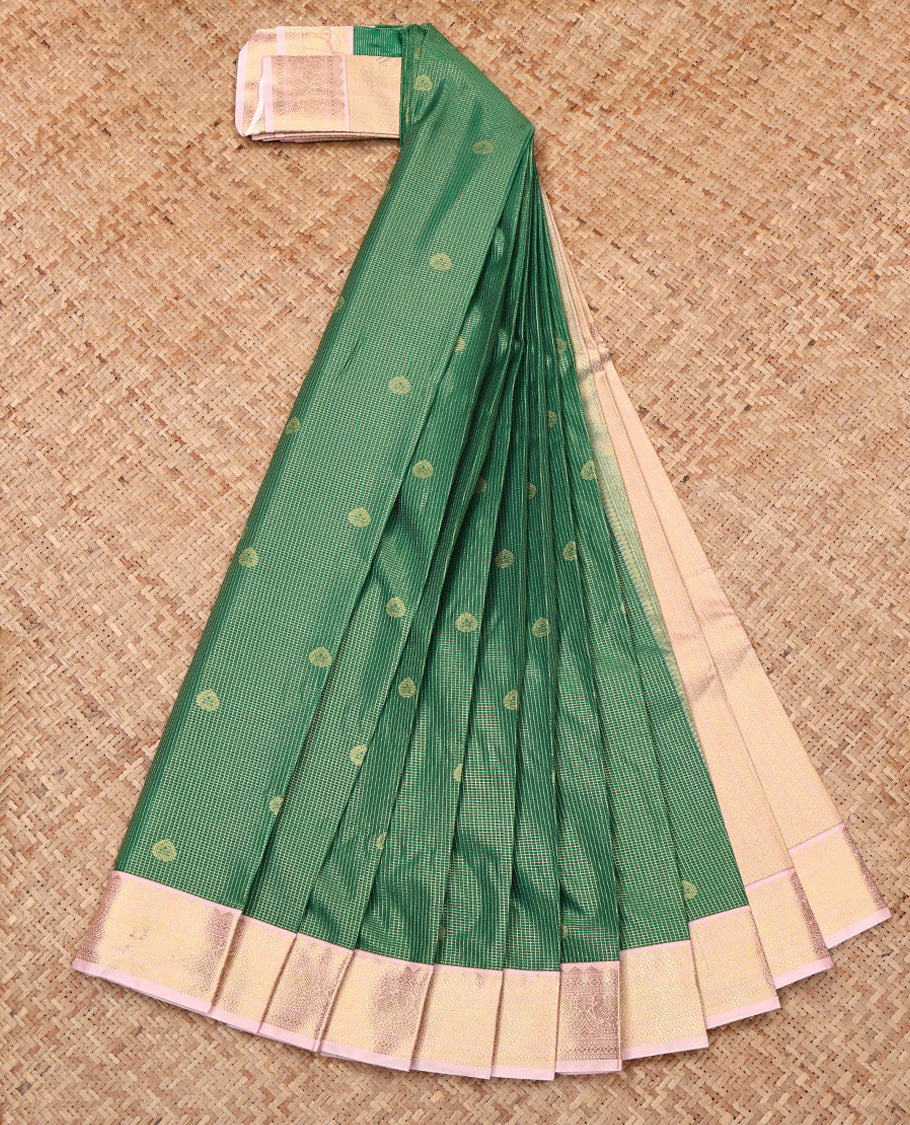 Green Budget Silk Saree, Gleamed Up with Zari Buttas and Checks, Complemented by a Contrast Traditional Border, Grand Pallu, and Contrast Blouse