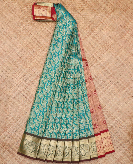 Blue Budget Silk Saree, Ornamented with Floral Vine Design, Complemented by Contrast Traditional Zari Border, a Jaal Pallu and a Contrast Blouse