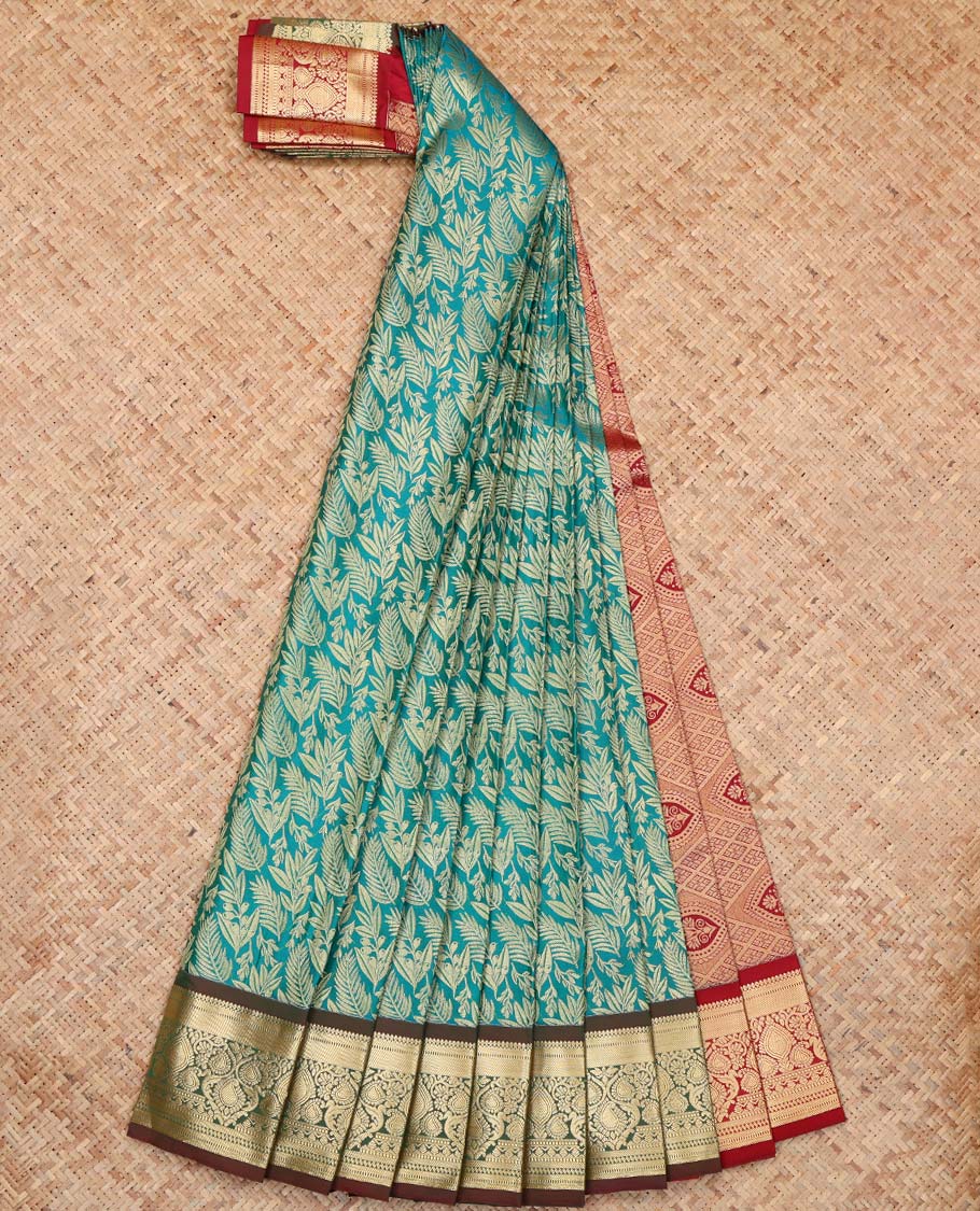 Blue Budget Silk Saree, Ornamented with Floral Vine Design, Complemented by Contrast Traditional Zari Border, a Jaal Pallu and a Contrast Blouse