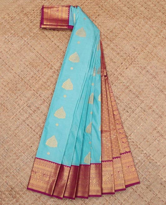 Blue Budget Silk Saree, Woven with Zari Buttas, a Contrast Traditional Elephant-Peacock Zari Border, an Intricate Geomentric Pallu and a Contrast Blouse