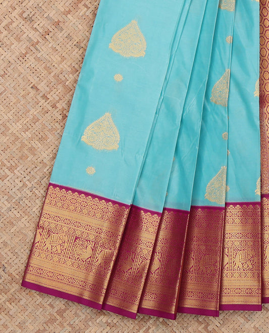 Blue Budget Silk Saree, Woven with Zari Buttas, a Contrast Traditional Elephant-Peacock Zari Border, an Intricate Geomentric Pallu and a Contrast Blouse