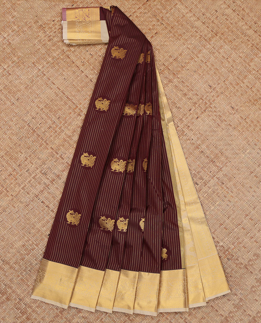 Brown Budget Silk Saree, Embellished with Zari Buttas and Stripes, Complemented by Contrast Traditional Zari Border, a Grand Pallu and a Contrast Blouse