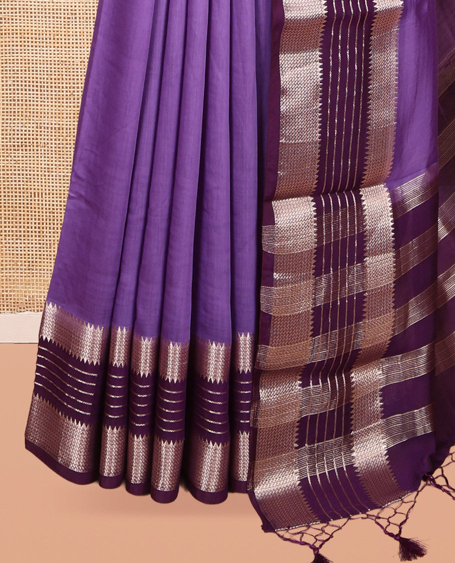 Lavender Plain Assam Silk Saree, Complemented by Contrast Traditional Zari Design Border,  Zari Woven Pallu, and Contrast Blouse