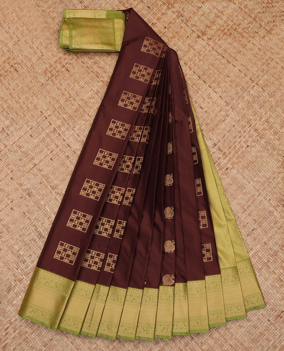 Brown Budget Silk Saree, Richly Detailed with Zari Buttas, a Contrast Traditional Zari Border, Grand Pallu, and a Contrast Blouse