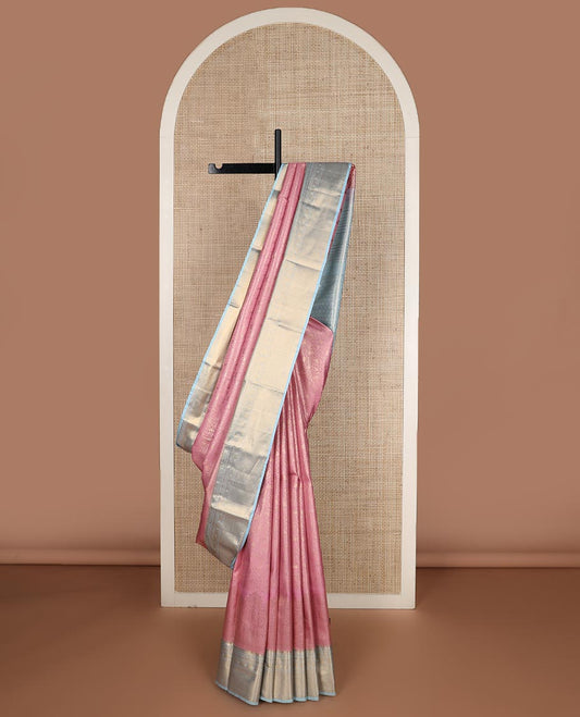Pink jacquard budget silk saree, contrast traditional zari border, and traditional motifs steeped pallu