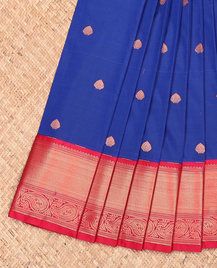 Royal blue zari buttas gift saree, contrast traditional zari design border, and zari-rich pallu