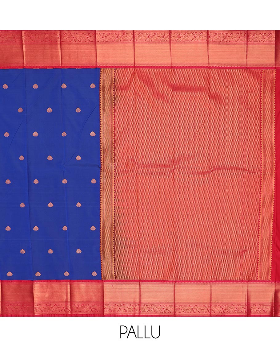 Royal blue zari buttas gift saree, contrast traditional zari design border, and zari-rich pallu