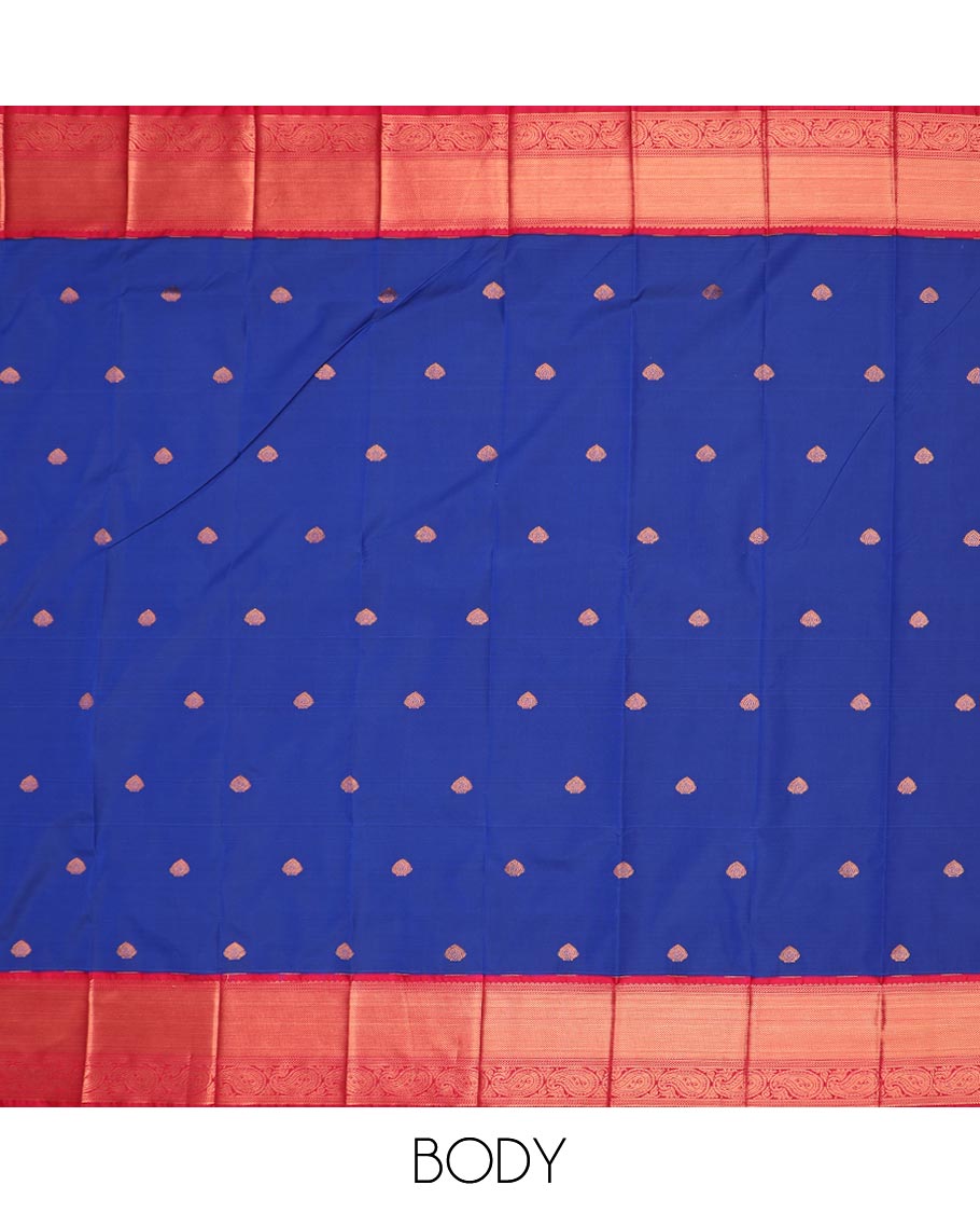 Royal blue zari buttas gift saree, contrast traditional zari design border, and zari-rich pallu