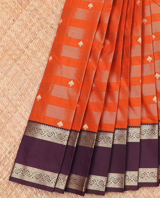 Orange zari buttas and striped budget silk saree, contrast traditional zari design rettai pettu border, and jaal pallu