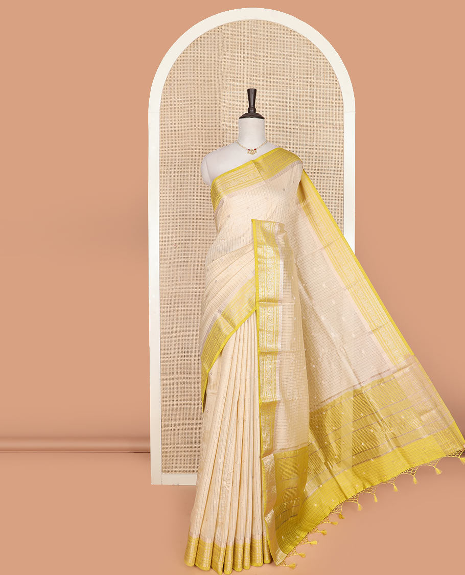 Sandal zari buttas and checks assam silk saree, contrast traditional zari border, and zari design pallu