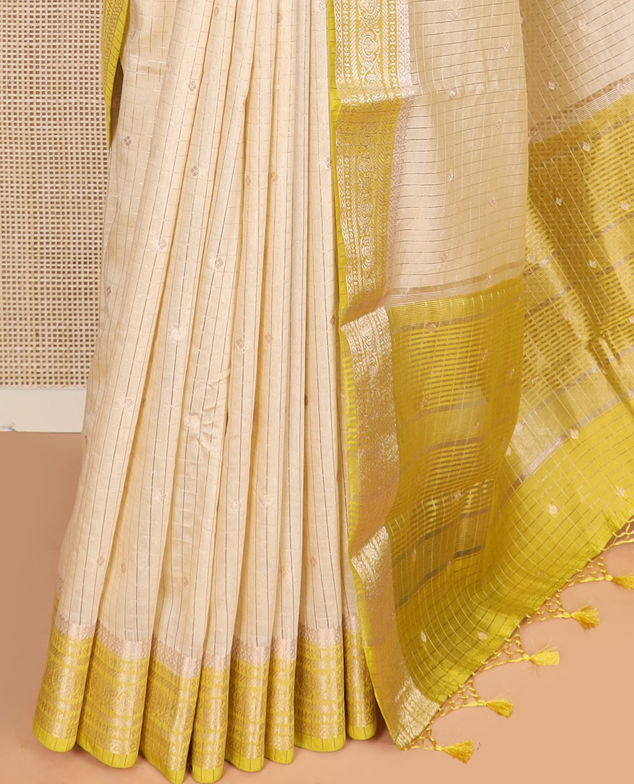 Sandal zari buttas and checks assam silk saree, contrast traditional zari border, and zari design pallu