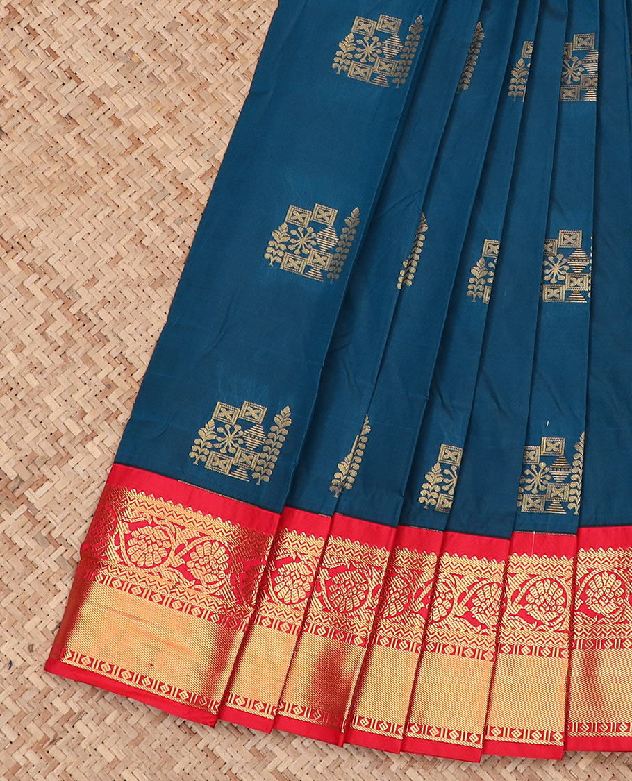 Blue Budget Silk Saree Gracefully Embellished with Zari Buttas, Featuring a Contrast Traditional Zari Design Border, Pallu Steeped with Zari Designs, and a Contrast Blouse