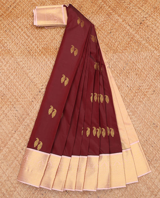 Maroon Budget Silk Saree, Elevated with Paisley Zari Buttas on Its Body, Complemented by Contrast Traditional Zari Design Border, Gleaming Zari-Woven Pallu, and Paired with a Contrast Blouse