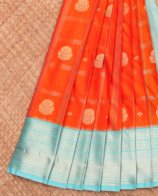 Orange Budget Silk Saree, Accentuated with Zari Buttas and Checks, Complemented by a Contrast Traditional Zari Border, Grand Pallu, and Contrast Blouse
