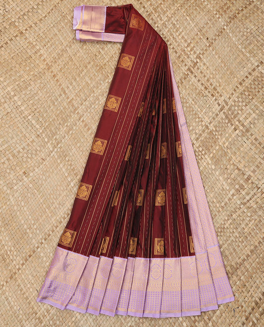 Maroon Budget Silk Saree Elegantly Highlighted with Square Buttas and Zari Stripes, Highlighted with a Contrast Traditional Zari Design Border, Zari Woven Jaal Pallu, and Paired with a Contrast Blouse