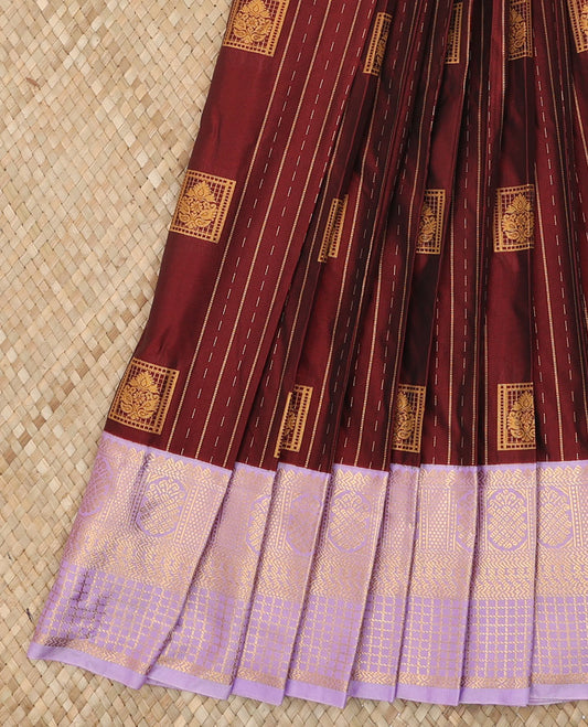 Maroon Budget Silk Saree Elegantly Highlighted with Square Buttas and Zari Stripes, Highlighted with a Contrast Traditional Zari Design Border, Zari Woven Jaal Pallu, and Paired with a Contrast Blouse