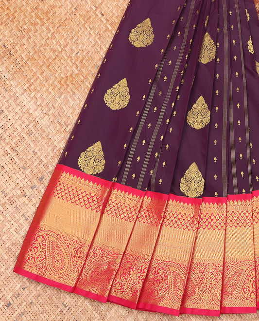 Wine Budget Silk Saree, Embellished with Zari Buttas on Its Body, Complemented by a Contrast Traditional Zari Design Rettai Pettu Border, Grand Jaal Pallu, and Paired with a Contrast Blouse