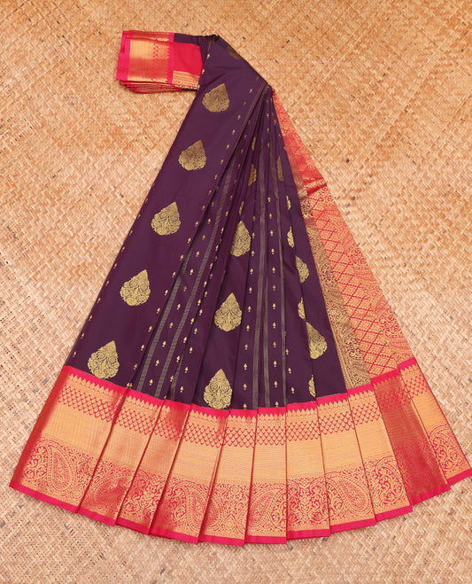 Wine Budget Silk Saree, Embellished with Zari Buttas on Its Body, Complemented by a Contrast Traditional Zari Design Rettai Pettu Border, Grand Jaal Pallu, and Paired with a Contrast Blouse