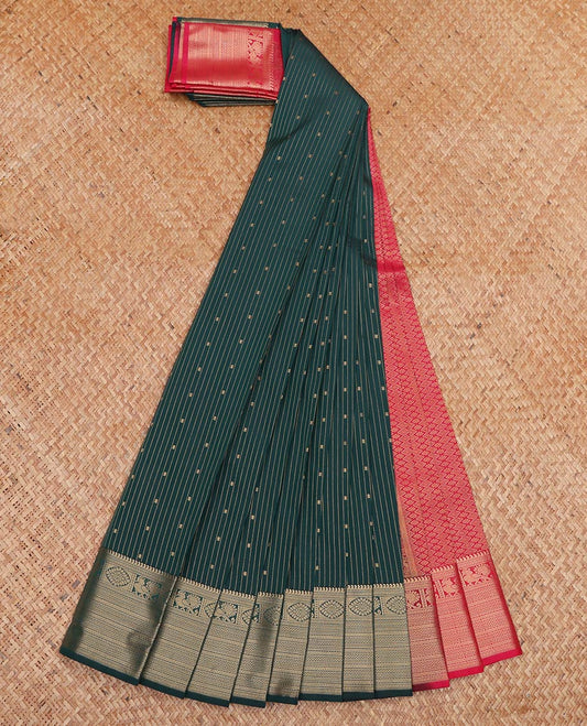 Deep Blue Budget Silk Saree, Charming Accented with Buttas and Stripes All Over Its Body, Highlighted by Traditional Zari Designs Woven Border, Contrast Grand Jaal Pallu, and Paired with a Contrast Blouse
