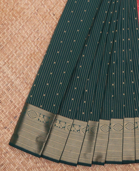 Deep Blue Budget Silk Saree, Charming Accented with Buttas and Stripes All Over Its Body, Highlighted by Traditional Zari Designs Woven Border, Contrast Grand Jaal Pallu, and Paired with a Contrast Blouse