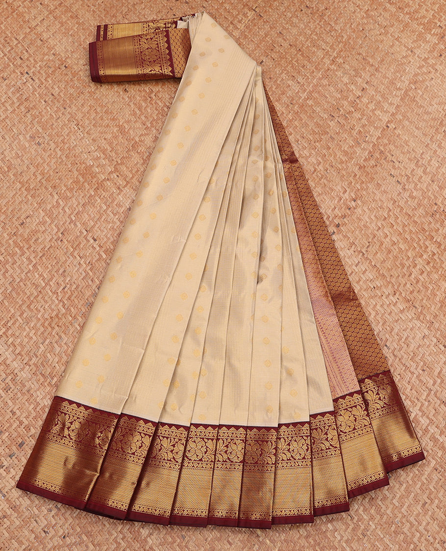 Sandal Budget Silk Saree Features with Zari Buttas and Stripes, Complemented by a Contrast Traditional Zari Border, Jaal Pallu, and Contrast Blouse