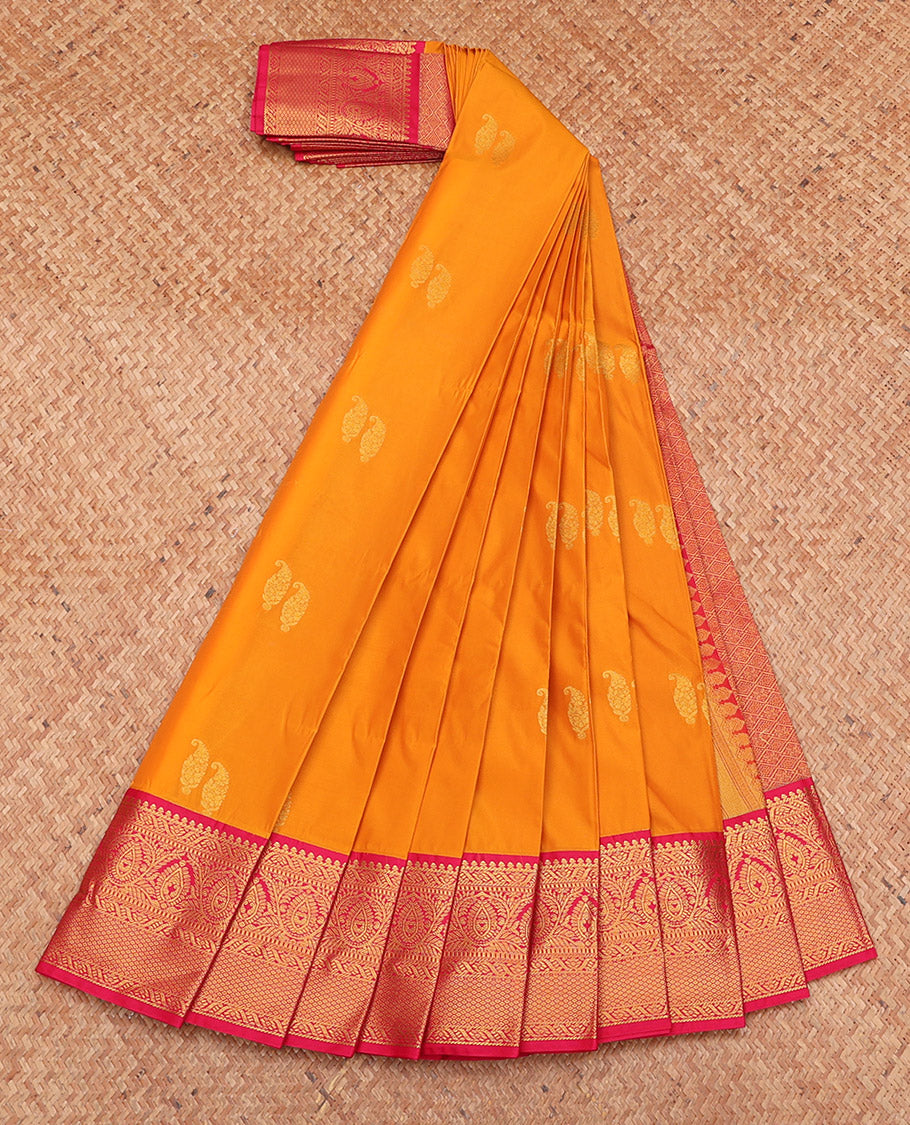 Orange Budget Silk Saree, Gleamed Up with Zari Buttas, Complemented by a Contrast Traditional Zari Border, Jaal Pallu, and a Contrast Blouse