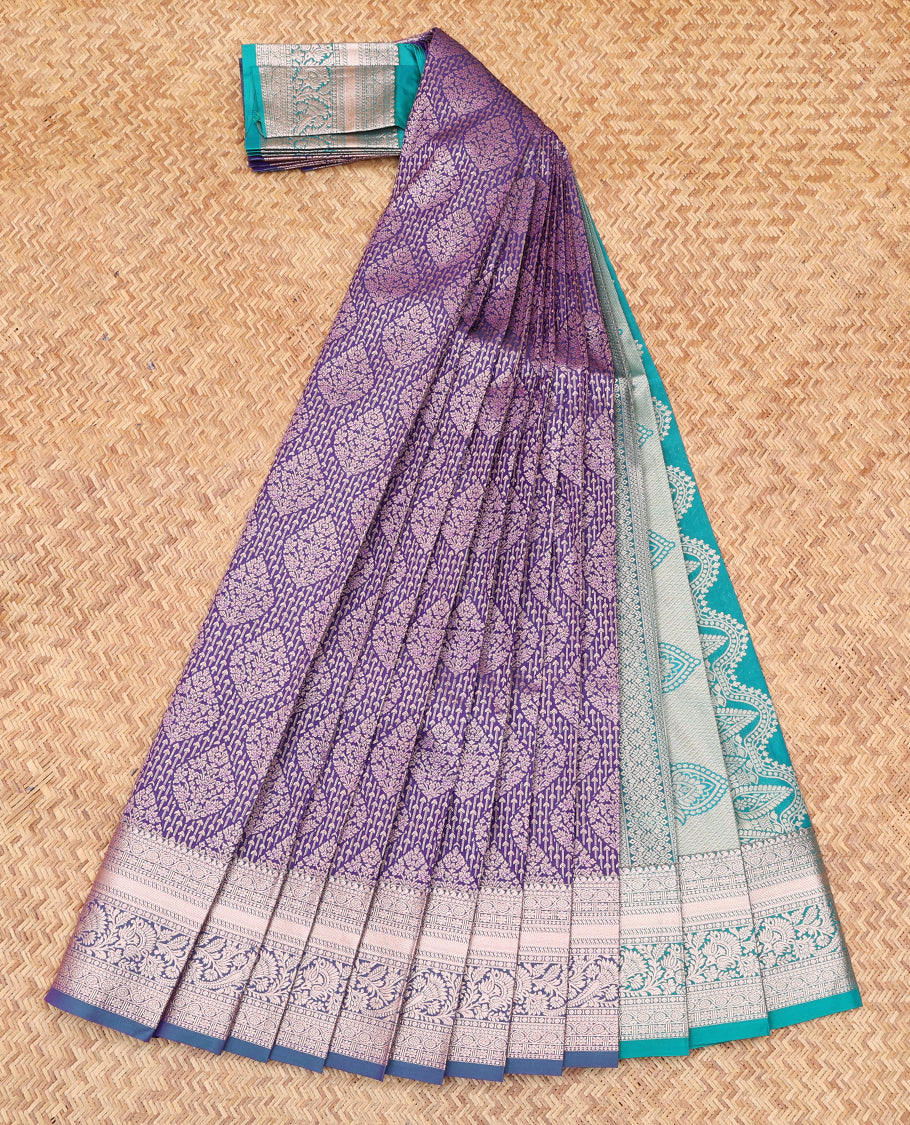 Violet Budget Silk Saree, Embellished with Jacquard Design, Complemented by Traditional Zari Border, a Contrast Grand Pallu and a Contrast Blouse