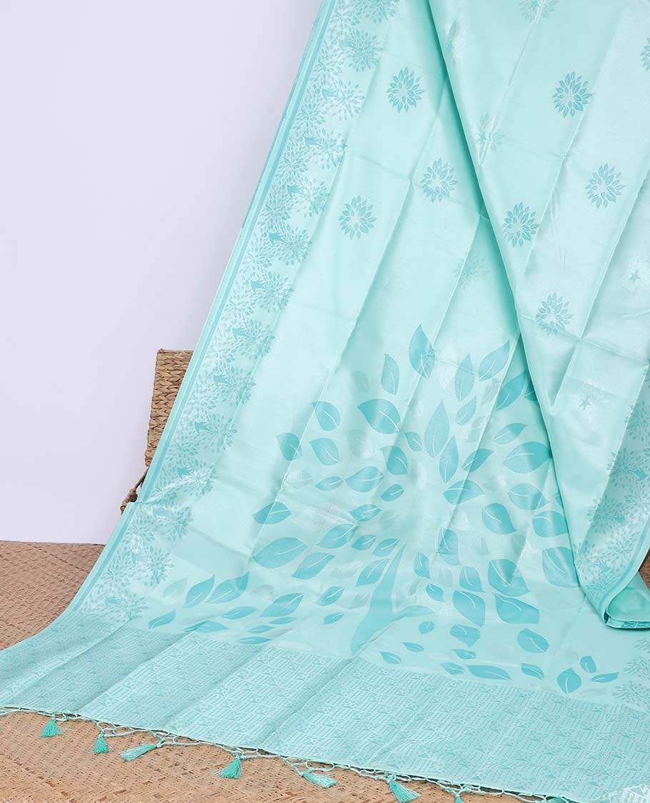 Peach floral printed butter silk saree with self-floral border & intricate design pallu