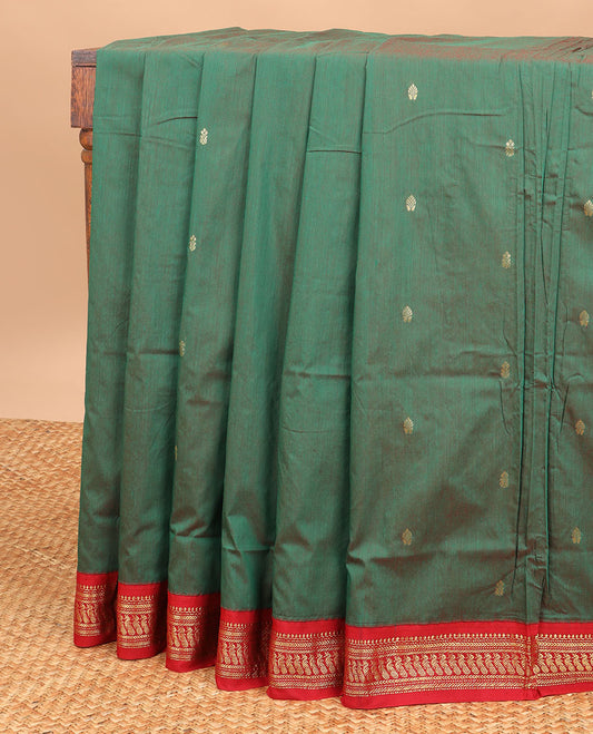 Green floral motifs nine yards cotton saree with contrast zari design border & traditional zari design pallu