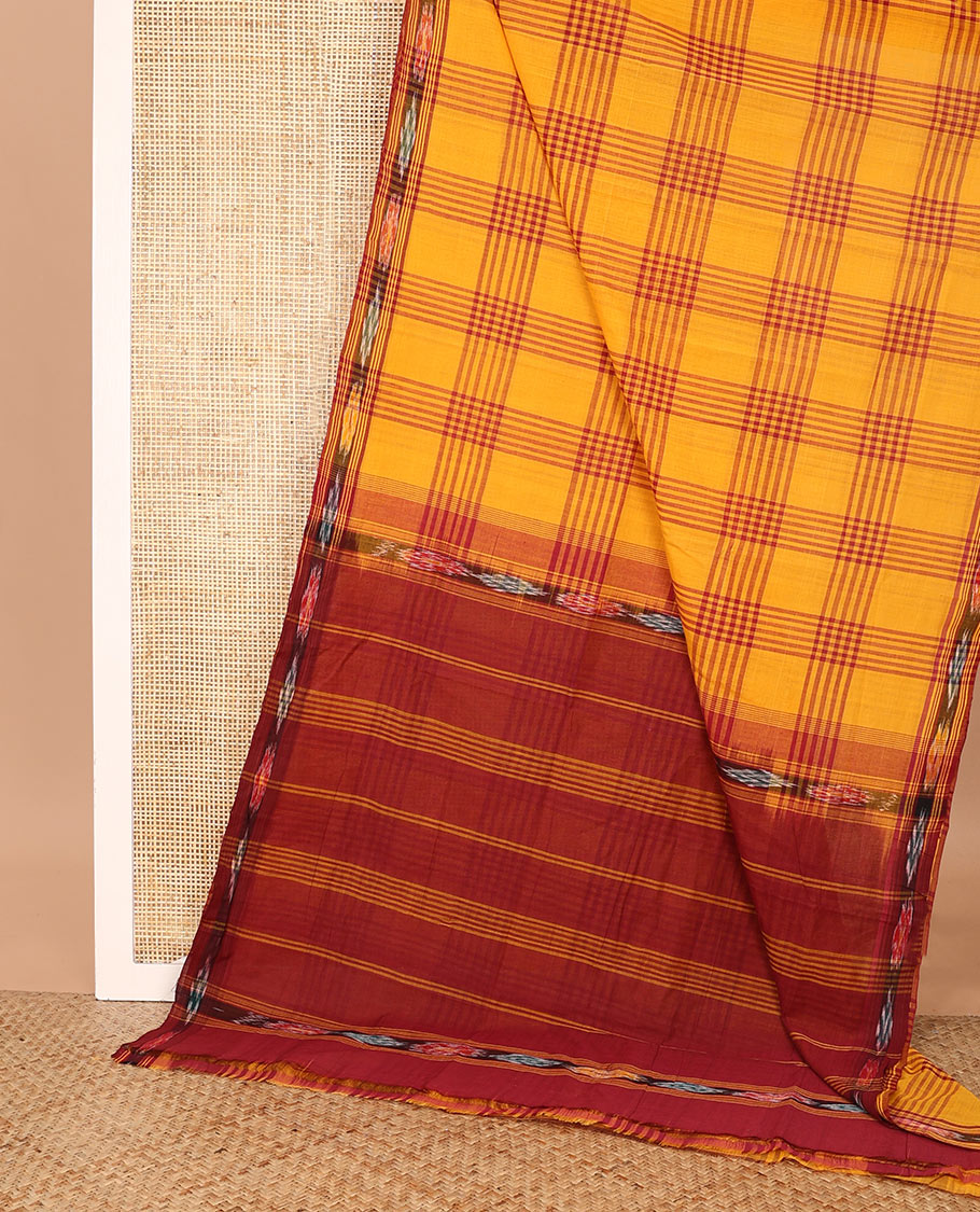 Orange checked Andhra cotton saree, ikkat border, and contrast pallu of stripes