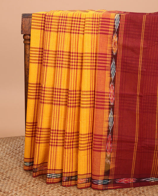 Orange checked Andhra cotton saree, ikkat border, and contrast pallu of stripes