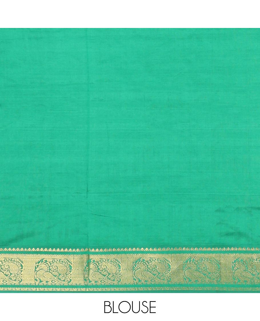 Green Checked Poly Cotton Saree, Highlighted by a Traditional Zari Design Border, Striped Pallu, and Paired with a Matching Blouse