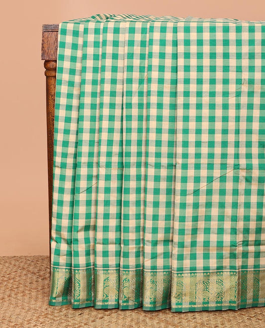 Green Checked Poly Cotton Saree, Highlighted by a Traditional Zari Design Border, Striped Pallu, and Paired with a Matching Blouse
