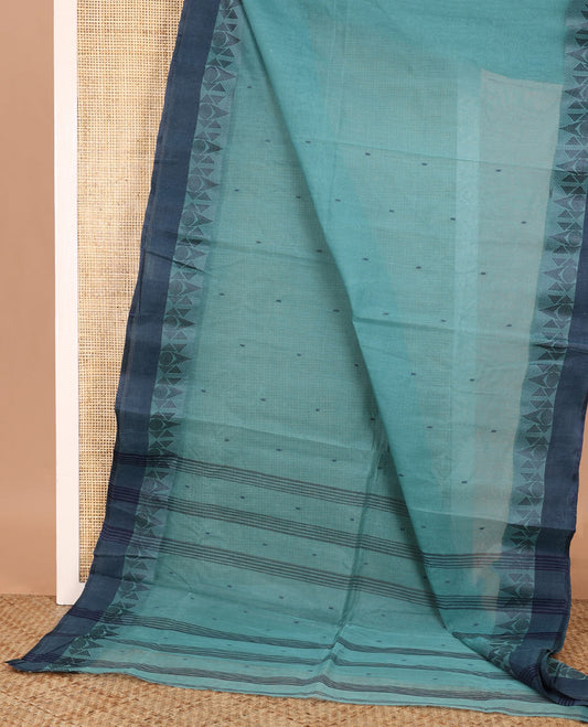 Blue buttas Bengal cotton saree, contrast geometric border, and pallu of stripes, and buttas