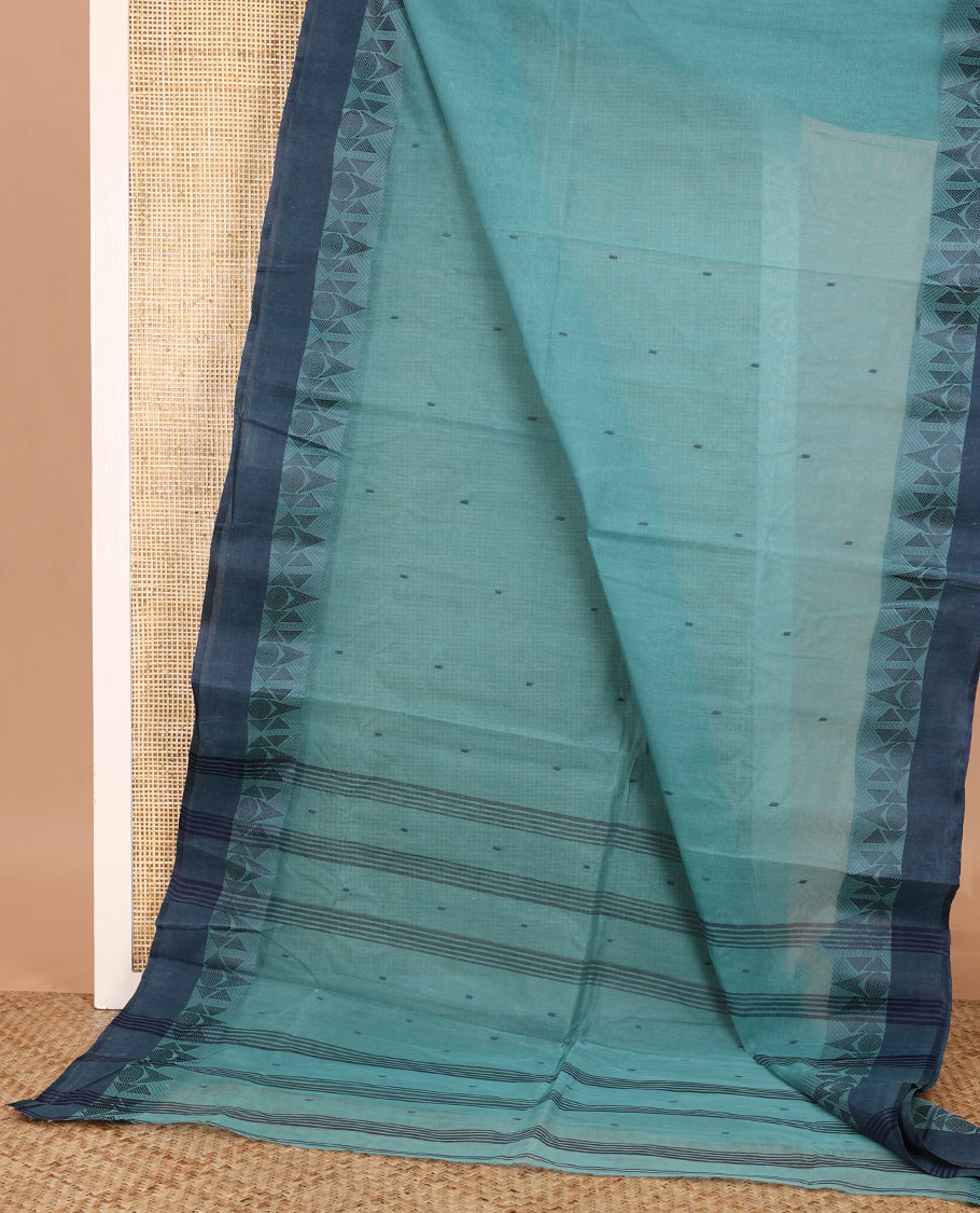 Blue buttas Bengal cotton saree, contrast geometric border, and pallu of stripes, and buttas