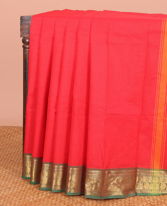 Red Plain Chettinad Cotton Saree, Complemented by a Contrast Traditional Zari Design Border, and Pallu of Sparsely Woven Stripes