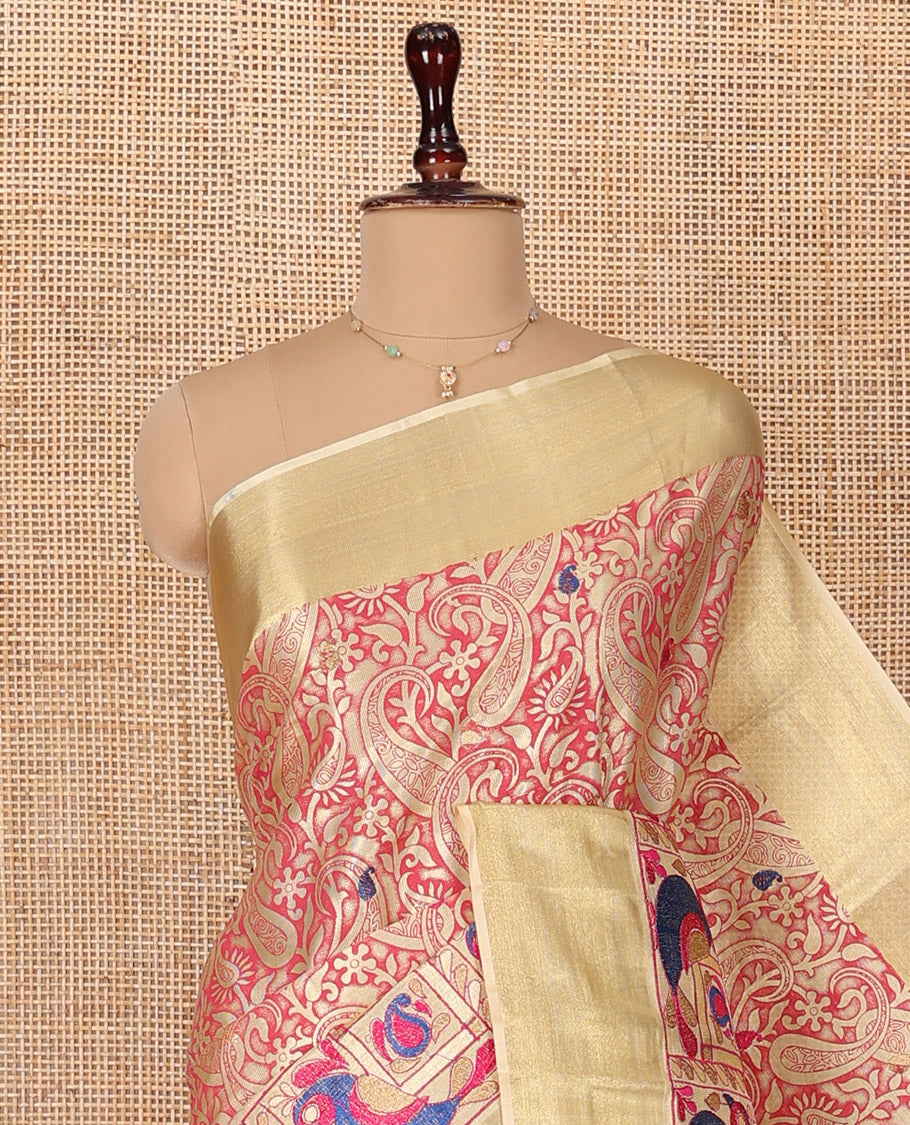 Pink Tissue Cotton Saree, Accentuated with Paisley Print and Paisley-Bird Motifs Embroidery on Its Body, Subtle Bavanji Border, Pallu Mirrors the Same Print, and Paired with a Matching Blouse