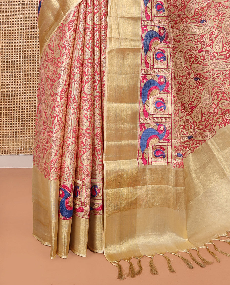 Pink Tissue Cotton Saree, Accentuated with Paisley Print and Paisley-Bird Motifs Embroidery on Its Body, Subtle Bavanji Border, Pallu Mirrors the Same Print, and Paired with a Matching Blouse