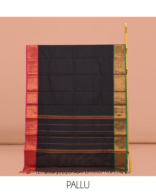 Black Plain Chettinad Cotton Saree, Complemented by Contrast Traditional Zari Design Woven Ganga-Jamuna Border, Pallu of Stripes, and Paired with a Matching Blouse