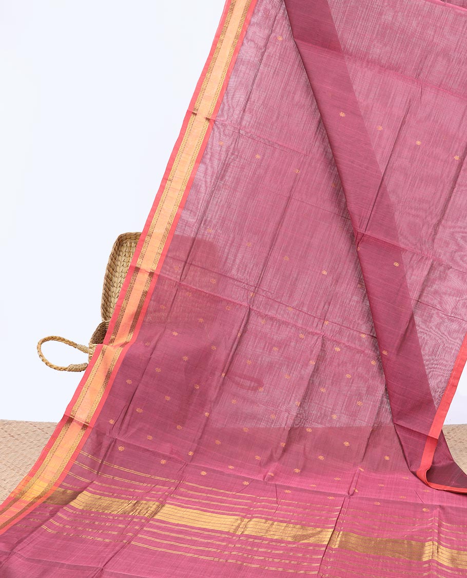 Pink buttas Vengatagiri cotton saree, contrast zari traditional border & zari striped pallu