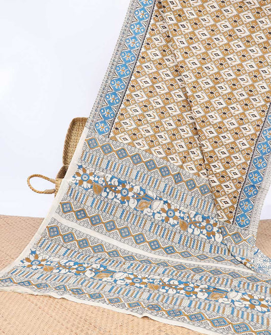 Brown argyle machine-printed kalamkari cotton, contrast diamond border & floral & geometric pallu